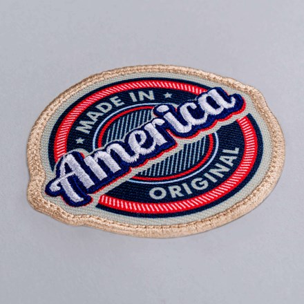 Print Stitch made in America patch laid at a hard angle