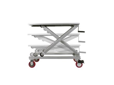 Scissor Cart with another scissor cart ghosted over top, demonstrating how the height can be adjusted, to rise up and down