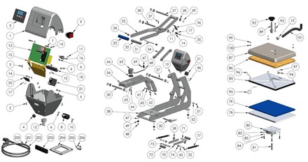 Hotronix Auto Clam Heat Press parts pulled apart with labeled numbers ranging from 1 to 206