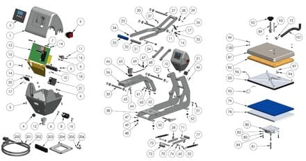 Hotronix Auto Clam Heat Press parts pulled apart with labeled numbers ranging from 1 to 206