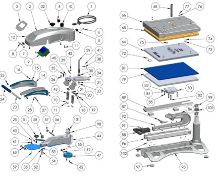 Hotronix Fusion IQ Heat Press parts pulled apart with labeled numbers ranging from 1 to 102