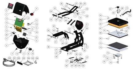 Hotronix Maxx Digital Cap Heat Press parts pulled apart with labeled numbers ranging from 1 to 206