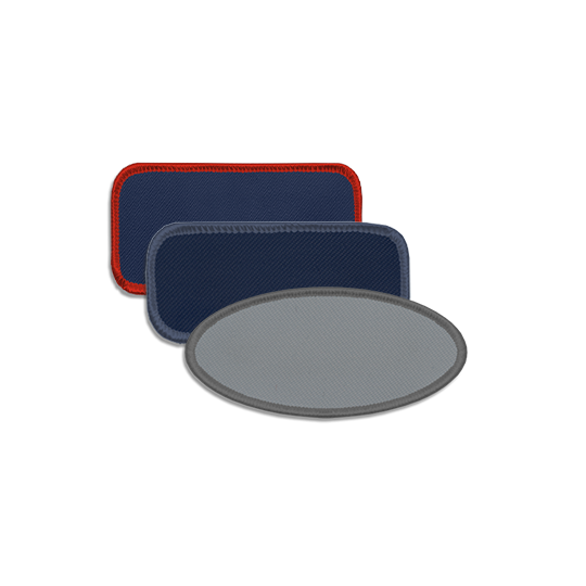 3 blanks patches layered on top of one another. Navy rectangular blank patch with red border. Navy rectangular blank patch with light navy border. Grey oval blank patch with dark grey border.