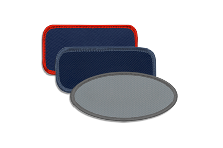 3 blanks patches layered on top of one another. Navy rectangular blank patch with red border. Navy rectangular blank patch with light navy border. Grey oval blank patch with dark grey border.