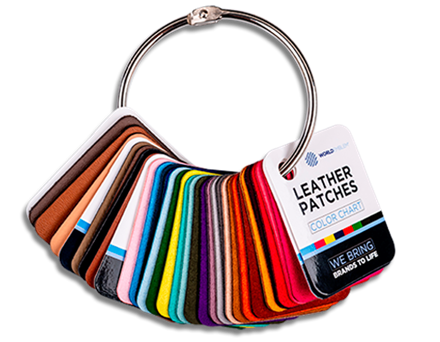 Leather Patches color swatch cards held together by a silver ring.