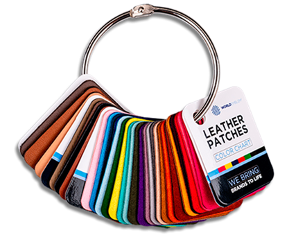 Leather Patches color swatch cards held together by a silver ring.