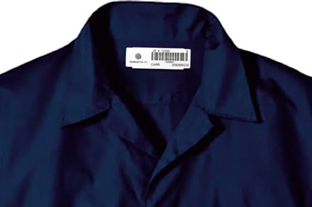 Button up shirt with ID tape situated on the inside collar with World Emblem Logo and barcode