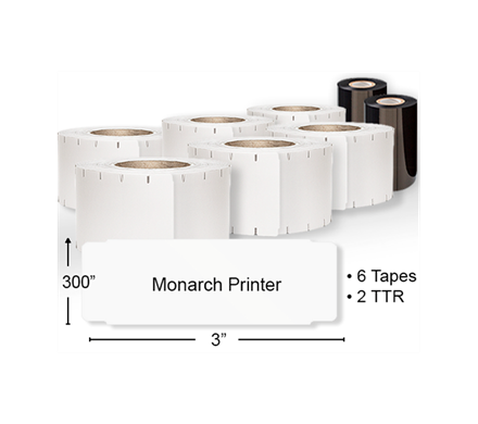 A piece of Monarch Printer ID tape with a height of 300” and width or 3”. Shown above is 6 rolls of tape and 2 rolls of TTR.