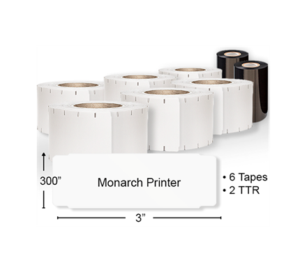 A piece of Monarch Printer ID tape with a height of 300” and width or 3”. Shown above is 6 rolls of tape and 2 rolls of TTR.