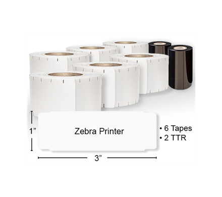 A piece of Zebra Printer ID tape with a height of 1” and width or 3”. Shown above is 6 rolls of tape and 2 rolls of TTR.