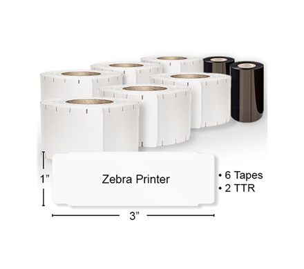 A piece of Zebra Printer ID tape with a height of 1” and width or 3”. Shown above is 6 rolls of tape and 2 rolls of TTR.