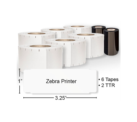 A piece of Zebra Printer ID tape with a height of 1” and width or 3.25”. Shown above is 6 rolls of tape and 2 rolls of TTR.