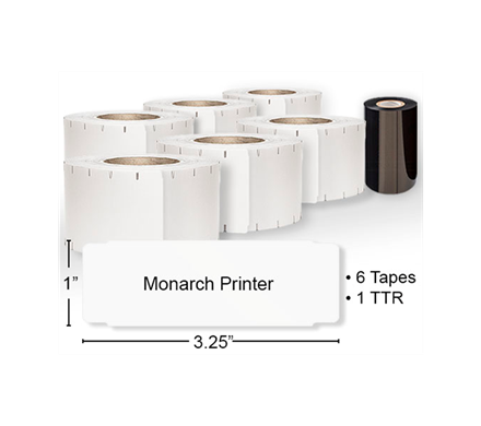 A piece of Monarch Printer ID tape with a height of 300” and width or 3.25”. Shown above is 6 rolls of tape and 2 rolls of TTR.