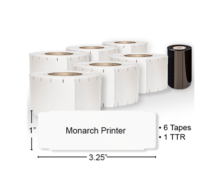 A piece of Monarch Printer ID tape with a height of 300” and width or 3.25”. Shown above is 6 rolls of tape and 2 rolls of TTR.